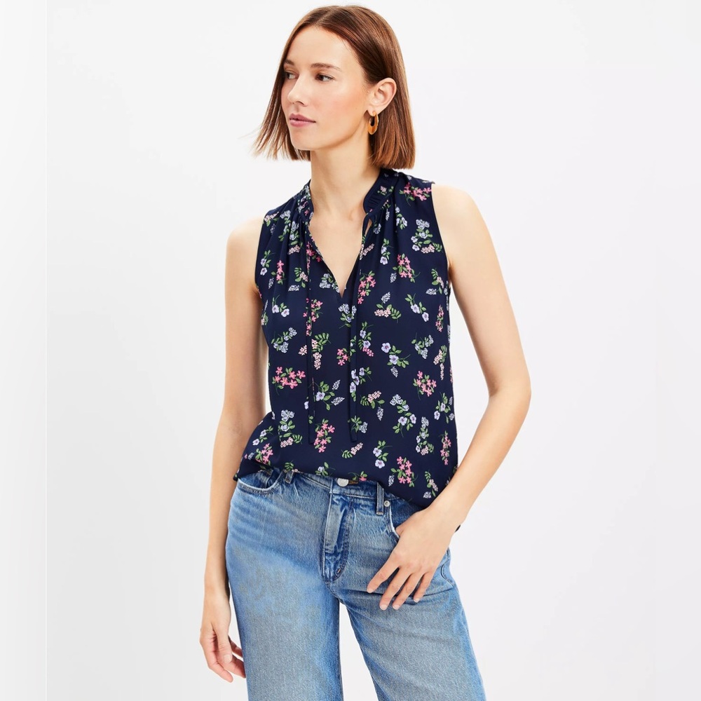 Loft Floral Shirred Tie Neck Top Sz Med NWT